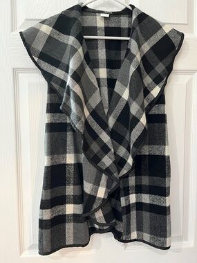 Black & Gray Plaid Draped Open Front Vest